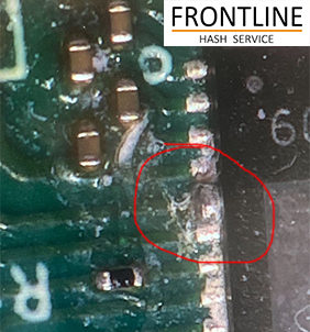 Corrosion and damage on Z15 Pro hashboard traces causing missing chips and low hashrate