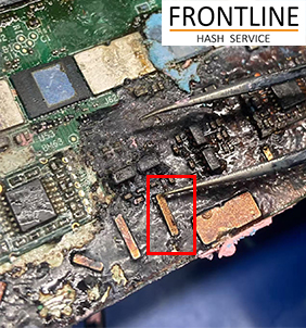 Burn damage on an Antminer PSU switching stage repaired at the component level