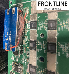 Boost converter section of an Antminer L9 hashboard power stage under repair
